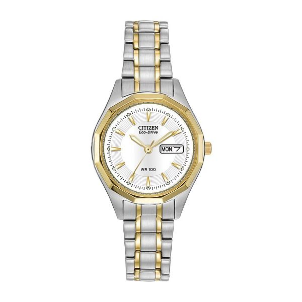 Lady's Citizen Eco-Drive "Corso" Two-Tone Stainless Steel & Gold Plated Watch With White Dial Doland Jewelers, Inc. Dubuque, IA