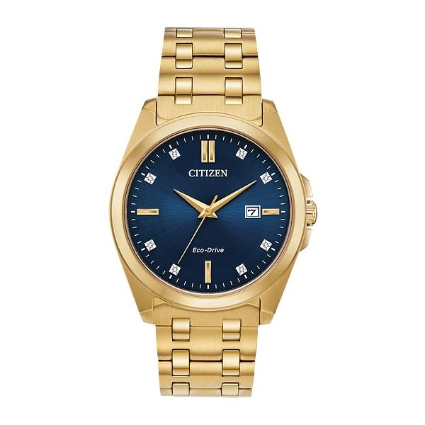 Men's Citizen Eco-Drive Peyton Stainless Steel Watch With Yellow Bracelet/Case & Blue Dial Doland Jewelers, Inc. Dubuque, IA