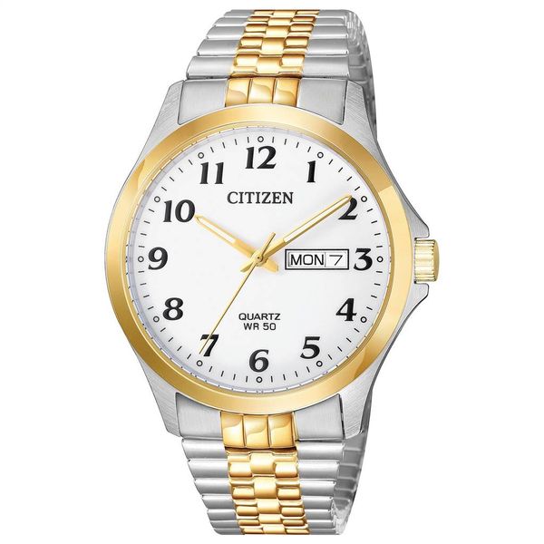 Gent's Quartz Two Tone White And Yellow Stainless Steel Citizen Quartz Watch With White Dial, Expansion Band,  And Day-Date Wind Doland Jewelers, Inc. Dubuque, IA