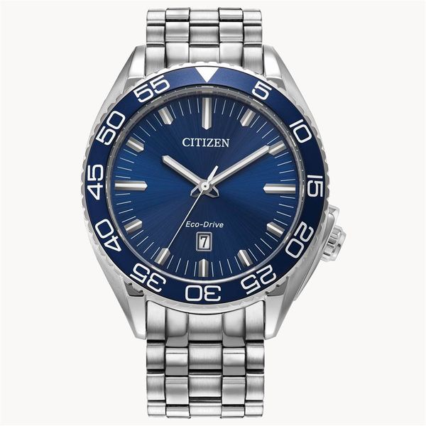 Men's Citizen Eco-Drive Carson Stainless Steel Dress Watch With Blue Dial & Bezel Doland Jewelers, Inc. Dubuque, IA