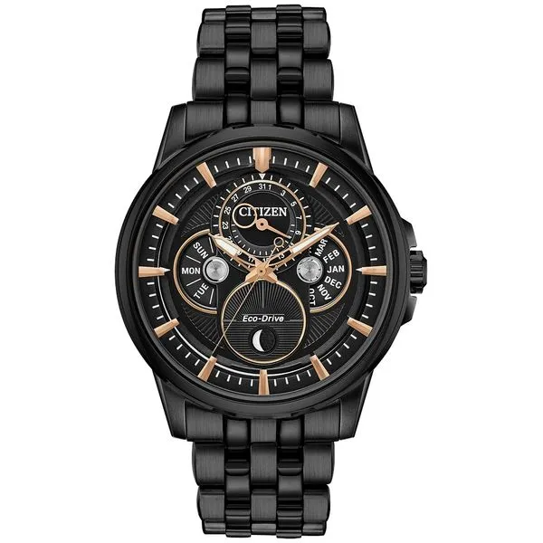 Men s Citizen Eco Drive Calendrier Black Stainless Steel Yellow Gold Plated Dress Watch