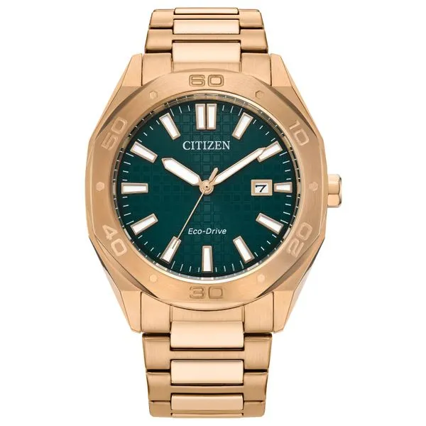 Men's Citizen Eco Drive "Odyn" Rose Gold Tone Stainless Steel Sport Watch With Textured Green Dial Doland Jewelers, Inc. Dubuque, IA