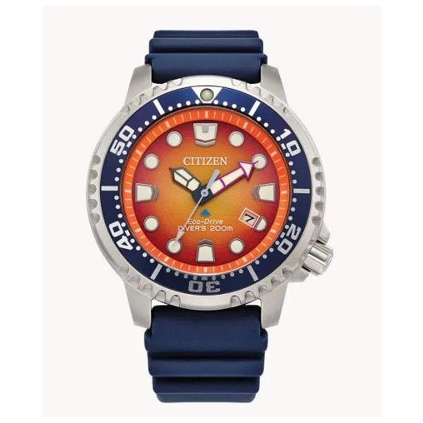 Men's Citizen Eco-Drive "Promaster Dive" Stainless Steel Watch With A Blue Silicone Strap & Dial And An Orange Dial Doland Jewelers, Inc. Dubuque, IA