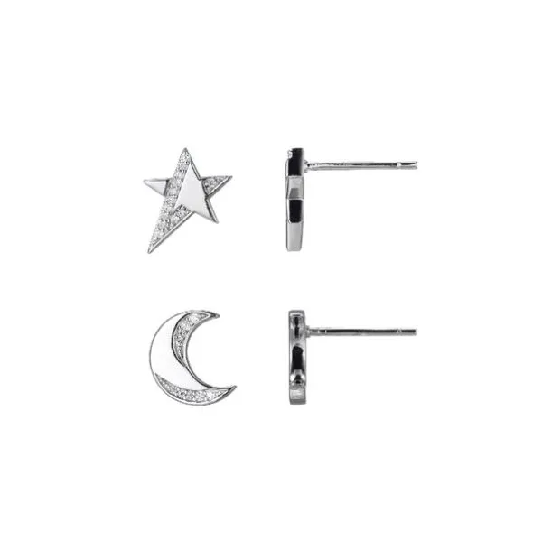White Sterling Silver Motif Sun and Moon Stud Earrings with Cubic Zirconias Doland Jewelers, Inc. Dubuque, IA