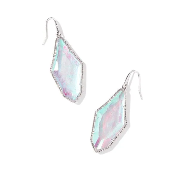Evelyn White Rhodium Plated Beaded Edge Drop Earrings With Rock Crystal Dichroic Doland Jewelers, Inc. Dubuque, IA