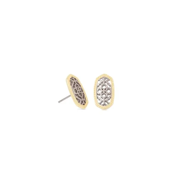 Ellie Two Tone White Rhodium Plated And Yellow 14 Karat Gold Plated Signature Filigree Stud Earrings Doland Jewelers, Inc. Dubuque, IA