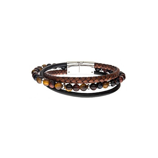 Men's Stainless Steel Tiger Eye Beads with Brown Braided and Black Leather Layered Bracelet Doland Jewelers, Inc. Dubuque, IA