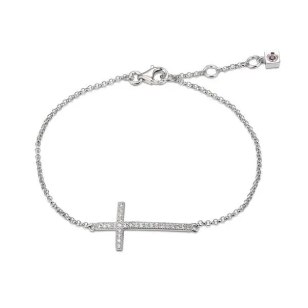 White Sterling Silver Sideways Cross Bracelet with Cubic Zir