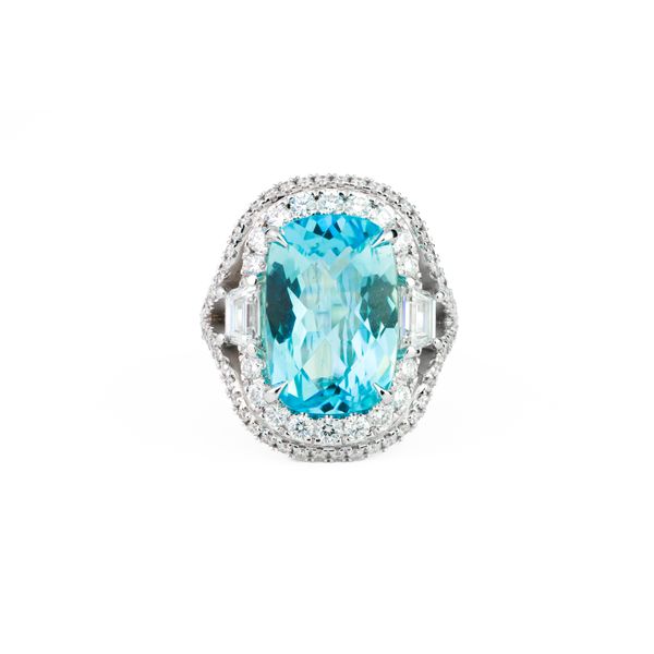 6.14ct Cushion Cut Aqua & Diamond Halo Ring Dominion Jewelers Falls Church, VA