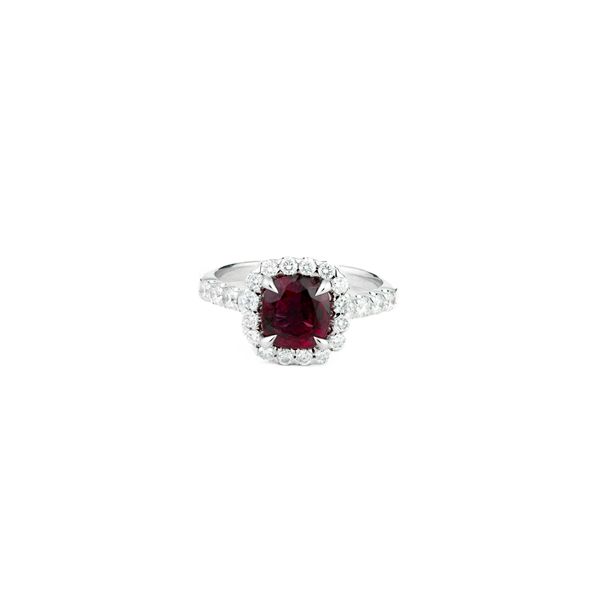 1.68ct Cushion Cut Ruby & Diamond Halo Ring Dominion Jewelers Falls Church, VA