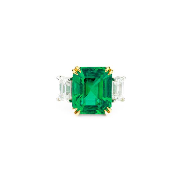 Emerald-Cut Emerald and Diamond Three-Stone Ring Dominion Jewelers Falls Church, VA