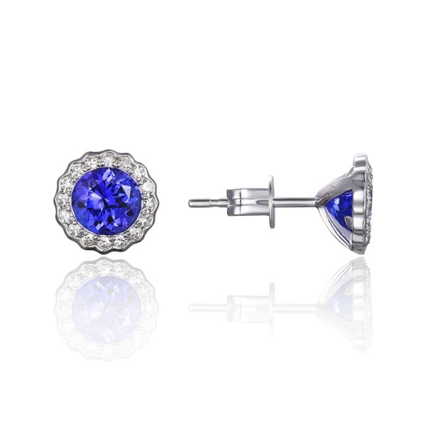 ROUND HALO TANZANITE and DIAMOND POST EARRINGS Dondero's Jewelry Vineland, NJ