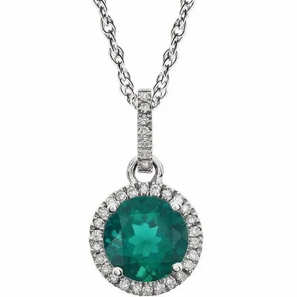 CREATED EMERALD and DIAMOND ROUND HALO PENDANT/NECKLACE Dondero's Jewelry Vineland, NJ