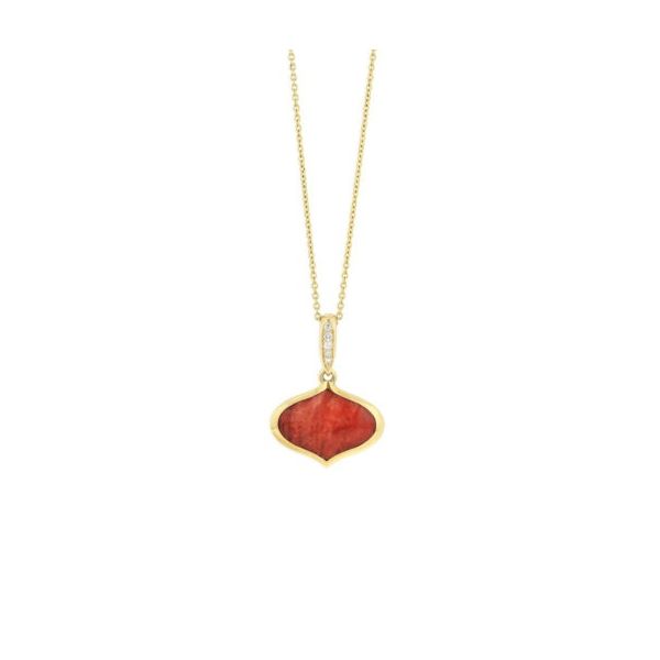 Kabana 14K Yellow Gold Inlay Red Spiny Oyster Pendant with (5) Full Cut Diamonds  @ .03 (T) I/SI  with a Diamond Bail Dondero's Jewelry Vineland, NJ