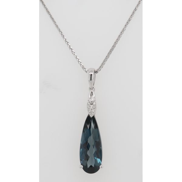 14KYellow  Gold Fancy Pear Shaped London Blue Topaz & Diamond Pendant Image 2 Dondero's Jewelry Vineland, NJ