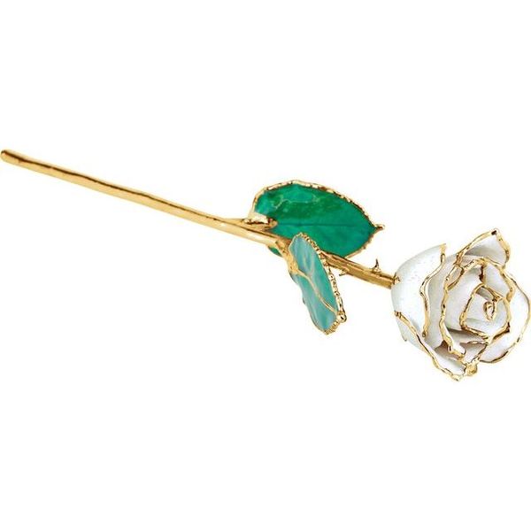 Lacquered White Sparkle Diamond Colored April Birthstone Rose with Gold Trim Dondero's Jewelry Vineland, NJ