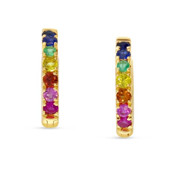 14kt Yellow Gold Small Hoop Rainbow Sapphire Earrings Image 2 Don's Jewelry & Design Washington, IA