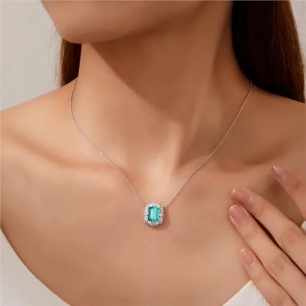 Fancy Lab-Grown Teal Sapphire Halo Necklace Image 2 Don's Jewelry & Design Washington, IA