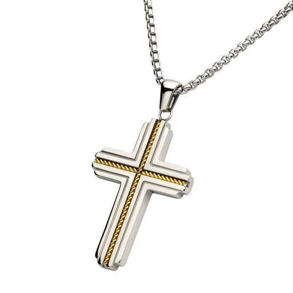 Stainless Steel Rope Inlay Two Tone Cross Necklace Image 2 Don's Jewelry & Design Washington, IA