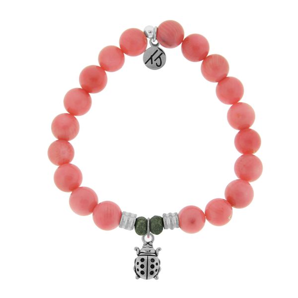 Pink Coral Stone Bracelet with Ladybug Sterling Silver Charm Don's Jewelry & Design Washington, IA