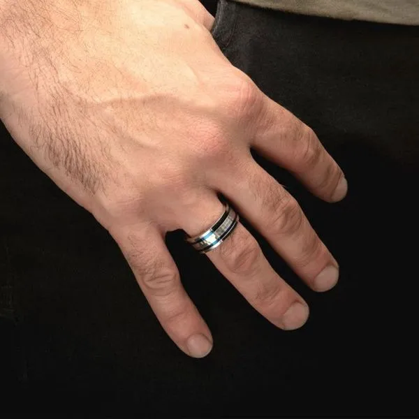Steel Hammer Centered Ring with Thin Blue Lines Image 2 Don's Jewelry & Design Washington, IA