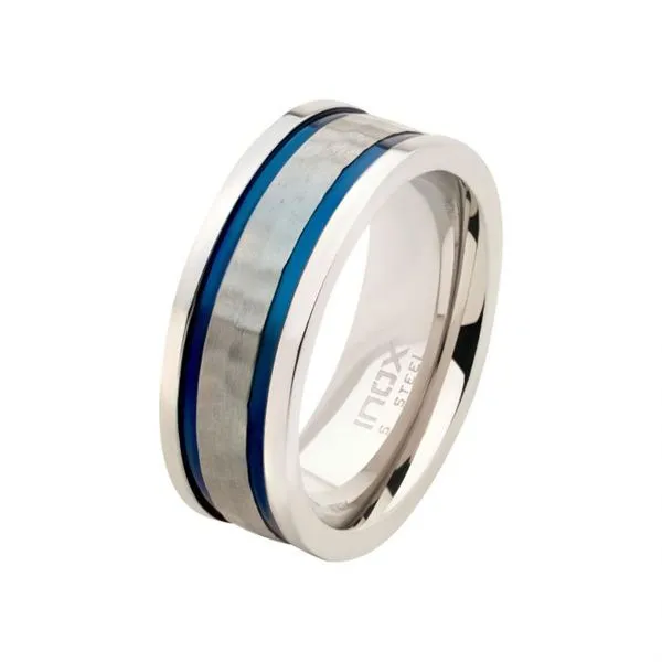 Steel Hammer Centered Ring with Thin Blue Lines Don's Jewelry & Design Washington, IA