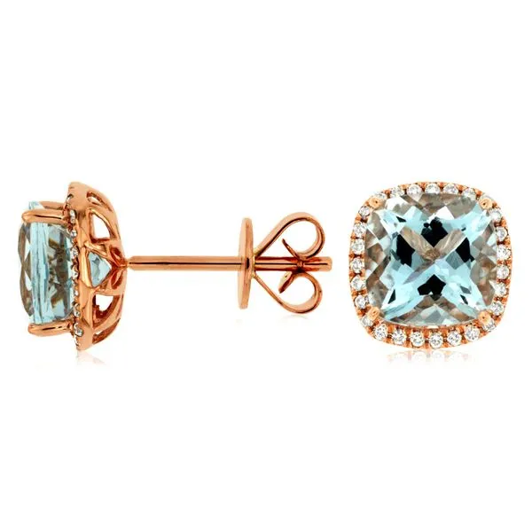 14K Rose Gold Aquamarine and Diamond Halo Earrings Double Diamond Jewelry Olympic Valley, CA