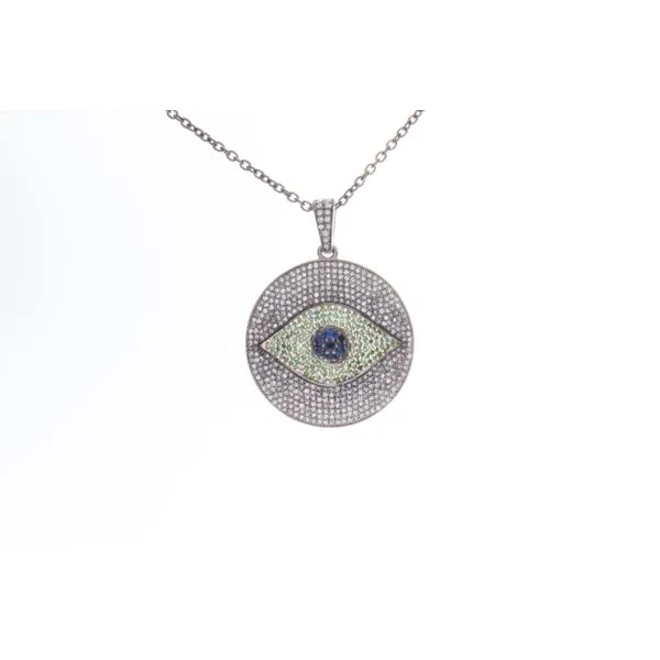 Oxidized Sterling Silver Eye Pendant with Blue Sapphires & Green & White Diamonds Double Diamond Jewelry Olympic Valley, CA