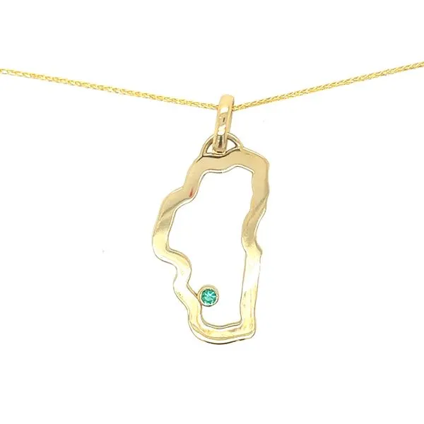 14K Yellow Gold Grande Lake Tahoe Outline with Emerald Bay Emerald Pendant