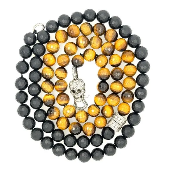 Sterling Silver Black Onyx, Agate and Diamond Skull Bead Necklace Image 3 Double Diamond Jewelry Olympic Valley, CA