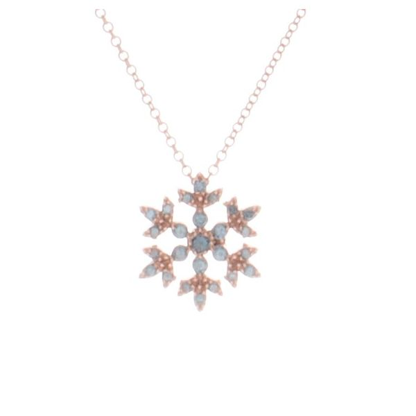 14 karat Rose Gold Snowflake Pendant with .15 carats of Tahoe blue diamonds Double Diamond Jewelry Olympic Valley, CA