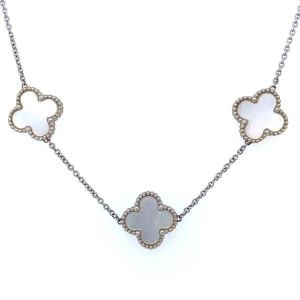 14K White Gold Mother of Pearl Multiple Clover Necklace Double Diamond Jewelry Olympic Valley, CA