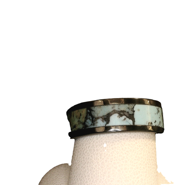 8mm Tungsten Flat Polished Band with 5mm Solid Blue Turquoise Matrix Center Inlay Image 2 Duke's Jewelers Springville, UT