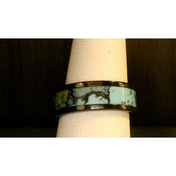 8mm Tungsten Flat Polished Band with 5mm Solid Blue Turquoise Matrix Center Inlay Duke's Jewelers Springville, UT
