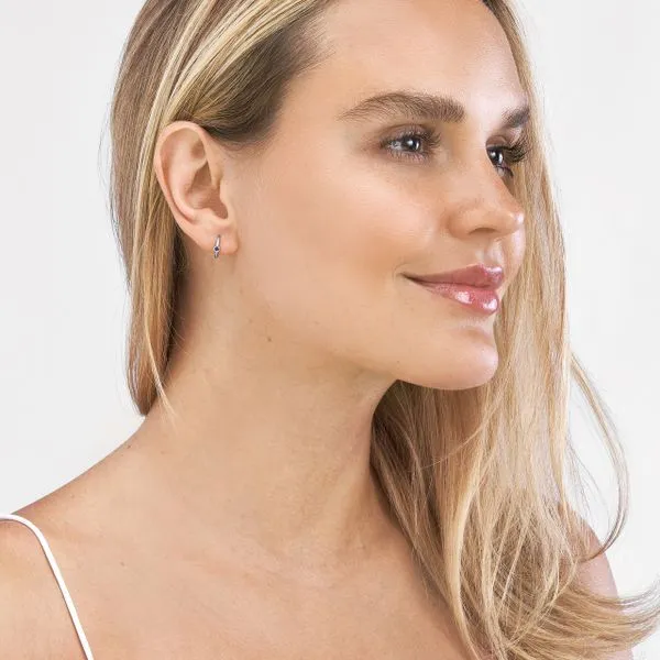 14K White Gold Sapphire Huggie Hoops Image 2 Duke's Jewelers Springville, UT