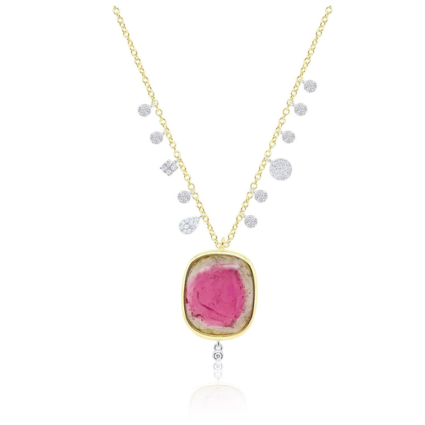 14kt Yellow Gold Diamond and Watermelon Tourmaline Pendant Necklace Duke's Jewelers Springville, UT
