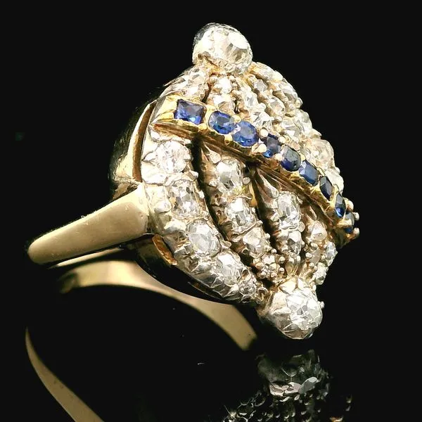 Antique Georgian 14k Yellow Gold Ring With Old Cut Diamonds & Sapphires Image 2 Duke's Jewelers Springville, UT
