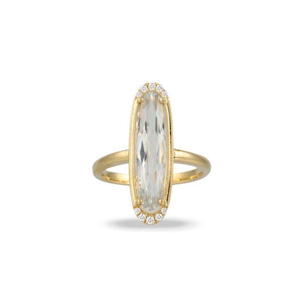 18K Gold Elongated Oval White Topaz and Diamond Ring Elgin's Fine Jewelry Baton Rouge, LA