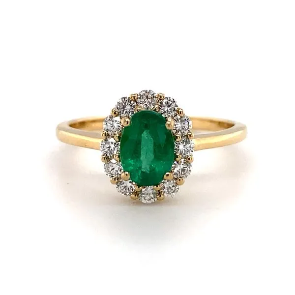 14K Yellow Gold Classic Halo Emerald Ring Elgin's Fine Jewelry Baton Rouge, LA