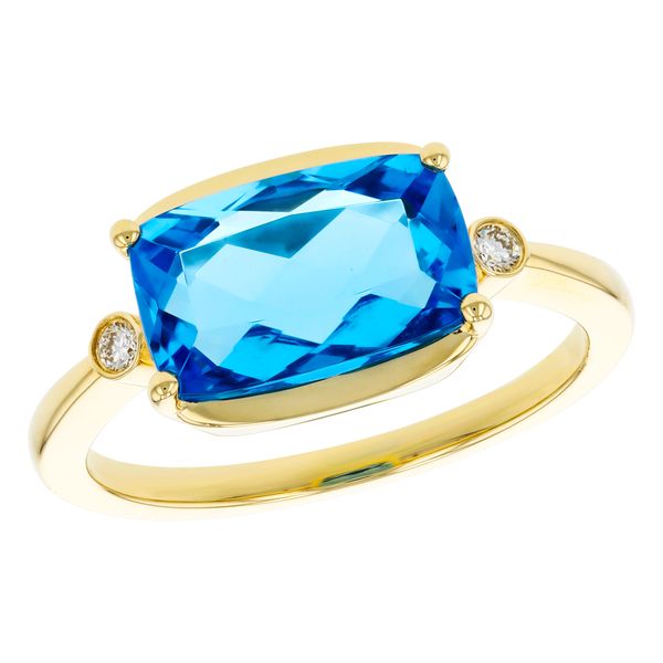 14kt Yellow Gold Cushion Blue Topaz and Diamond Ring Elgin's Fine Jewelry Baton Rouge, LA