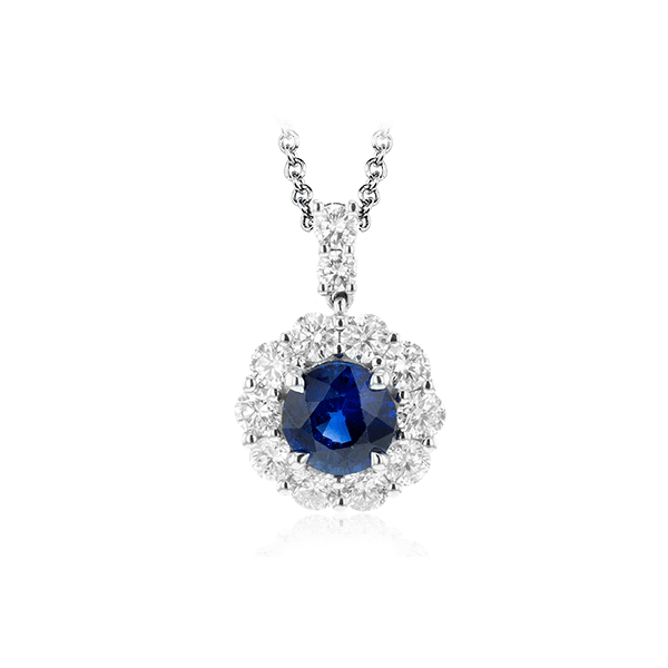 Simon G. Sapphire and Diamond Halo Necklace Elgin's Fine Jewelry Baton Rouge, LA