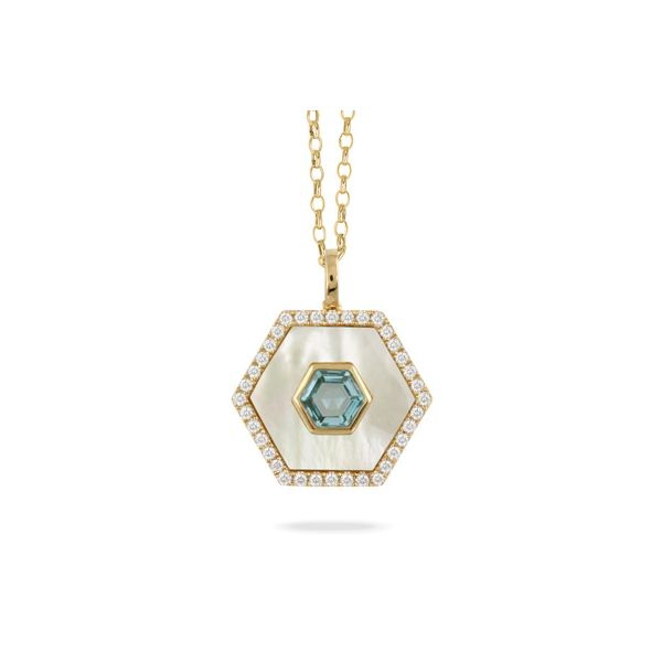 18K Yellow Gold Sky Blue Topaz, Mother of Pearl and Diamond Necklace Elgin's Fine Jewelry Baton Rouge, LA