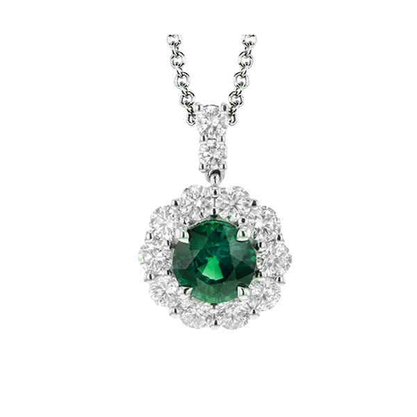 Simon G 18K Emerald Halo Necklace Elgin's Fine Jewelry Baton Rouge, LA