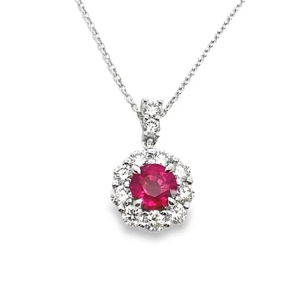 Simon G 18K Ruby Halo Necklace Elgin's Fine Jewelry Baton Rouge, LA