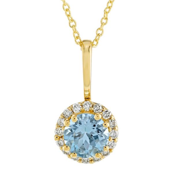 Aquamarine Round Diamond Halo Necklace Elgin's Fine Jewelry Baton Rouge, LA