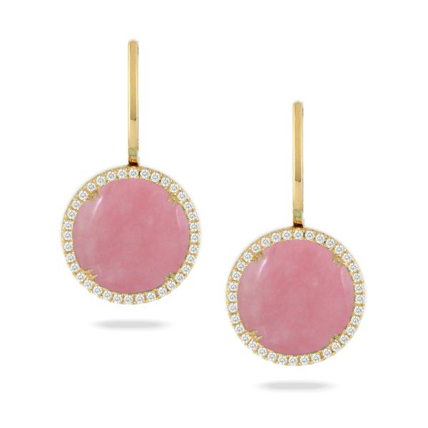 18K Yellow Gold Pink Opal and Diamond Earrings Elgin's Fine Jewelry Baton Rouge, LA
