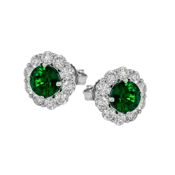 18K White Gold Emerald and Diamond Halo Studs Elgin's Fine Jewelry Baton Rouge, LA