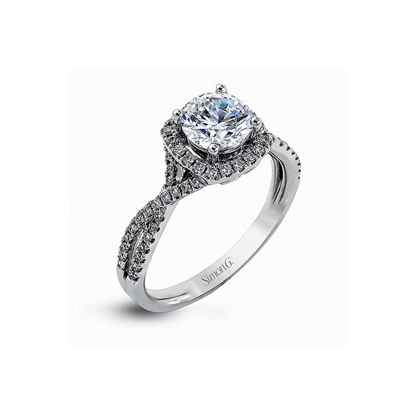 18K White Gold Simon G Diamond Halo Engagement Ring Elgin's Fine Jewelry Baton Rouge, LA