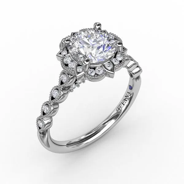 14K White Round Diamond Engagement With Floral Halo and Milgrain Details Elgin's Fine Jewelry Baton Rouge, LA