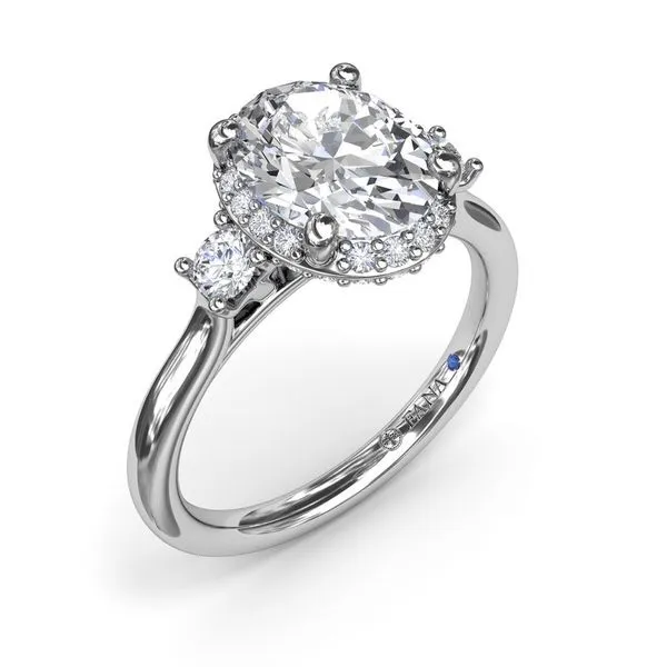 14k White Gold Three Stone Diamond Halo Engagement Ring Elgin's Fine Jewelry Baton Rouge, LA